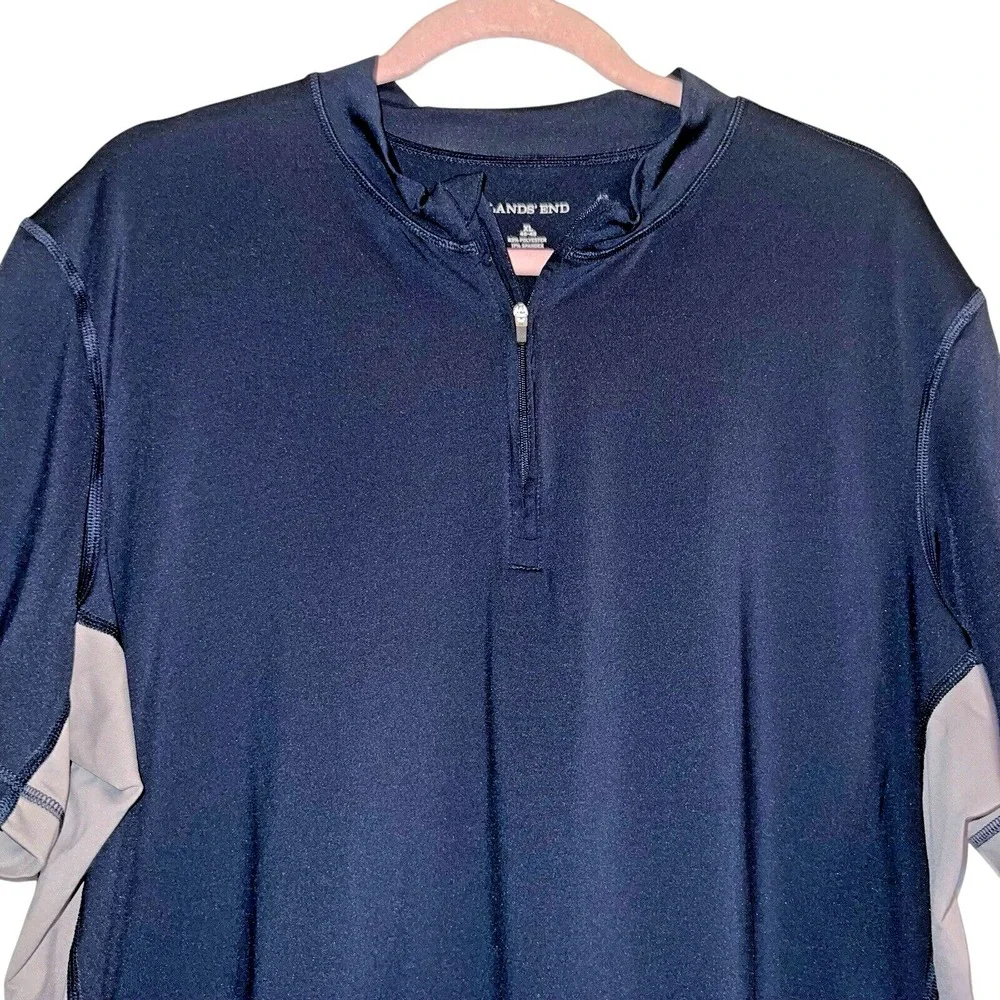 Lands' End Mens XL Quarter Zip Performance Shirt Navy Gray Athletic Activewear